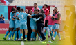 Andre Carlos Penha Da Costa (center, front) of Gzira United celebrates after scoring the 1...
