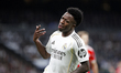 Vinicius Jr of Real Madrid reacts to a missed opportunity during the UEFA Champions League...