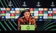 Shakhtar player Valeriy Bondar speaks during a press conference in Krakow, Poland, on Apri...