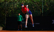 Katja Wiersholm of Norway competes in the Billie Jean King Cup play-offs women's singles m...