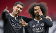 Akram Afif (right) of Al Sadd SC celebrates after scoring a goal during the Qatar Stars Le...