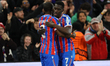 Tyrick Mitchell hugs Ismaila Sarr of Crystal Palace after Sarr scores during the Europa Co...