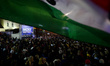 Peter Magyar, Prime Minister candidate of the Tisza Party, holds a campaign rally alongsid...