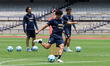 Footballer Jesus Rivas kicks the ball during a training session of the Pumas UNAM at the O...