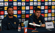 Pumas UNAM footballers Nathan Silva and Alan Medina participate in a press conference foll...