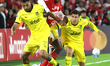 Yilmar Velasquez of Independiente Santa Fe and Eric Remedi and Maximiliano Olivera of Pena...