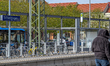 A passenger stands on the platform at Schwetzingen station in Schwetzingen, Baden-Wuerttem...
