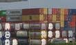 A general view of the loading zone with cargo shipping containers stacked at the Port of D...