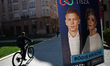 TISZA Party poster is seen a day ahead of the parliamentary election in Budapest, Hungary...