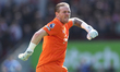 Jordan Pickford of Everton celebrates after his team scores during the Premier League matc...