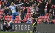 Conor Chaplin of Portsmouth celebrates after scoring an injury-time winner during the Sky...