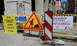 Work signs are displayed for the redevelopment of rue du Boigne in the town of Chambery, F...