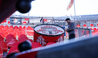 A supporter prepares a drum with the Toronto FC logo during a Major League Soccer game bet...
