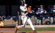 Isaac Lamson of the Princeton Tigers swings the bat during an NCAA baseball game at Clarke...