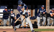 Sam Saucke of the Monmouth Hawks hits the ball during an NCAA baseball game at Clarke Fiel...