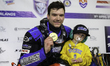 Niclas Svensson of Sweden, the new world champion, with his son during the FIM Ice Speedwa...