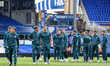 Wrexham AFC players arrive at the ground during the Sky Bet Championship match between Bir...