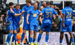 Birmingham City players celebrate a goal by number 23, Carlos Vicente, during the Sky Bet...