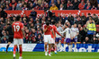 Aston Villa players celebrate an own goal by Murillo of Nottingham Forest during the Premi...