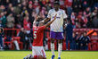 Tammy Abraham of Aston Villa prays for Murillo of Nottingham Forest at full time during th...