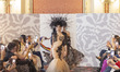 A model showcases a creation by Manuel de la Vega during the Pasarela Espanola LimeLife at...