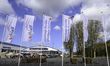 Flags are displayed at the concourse entrance to Thialf during the FIM Ice Speedway Of Nat...
