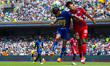 Robert Morales #31 of Pumas and Angel Leyva #26 of Mazatlan compete for a header during th...
