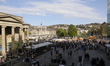 People enjoy a sunny day at the city center of Stuttgart, Germany, on April 11, 2026. 