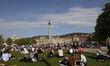 People enjoy a sunny day at the city center of Stuttgart, Germany, on April 11, 2026. 