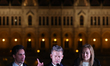 TISZA Party candidate for Hungarian Prime Minister Peter Magyar during the election evenin...