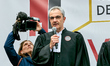The President of the Conference of Bar Presidents Christophe Bayle speaks during a demonst...