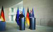 German Chancellor Friedrich Merz and Ukrainian President Volodymyr Zelenskyy speak to the...