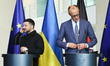 German Chancellor Friedrich Merz and Ukrainian President Volodymyr Zelenskyy speak to the...