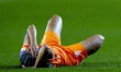 Netherlands player Esmee Brugts sustains an injury during the European qualifying match be...