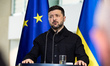 Ukrainian President Volodymyr Zelensky is pictured during a press conference at the Chance...