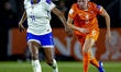 France player Kadidiatou Diani and Netherlands player Ella Peddemors during the European q...