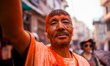 Nepalese devotees play with vermilion powder to exchange greetings during the celebration...
