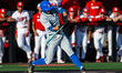 Roman Martin of the UCLA Bruins hits the ball during an NCAA baseball game at Bainton Fiel...