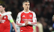 Leandro Trossard of Arsenal thanks the supporters after the UEFA Champions League Quarter...