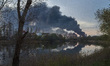 Smoke rises in Kyiv, Ukraine, on April 16, 2026, following a missile and drone strike. At...