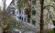 An apartment block in the Podilskyi district is damaged in Kyiv, Ukraine, on April 16, 202...
