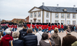 The Royal Life Guard dressed in red gala uniforms on the occasion of Queen Margrethe's 86t...