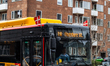 Flags are displayed on a bus in Copenhagen, Denmark, on April 16, 2026, to mark Queen Marg...