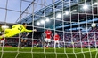Matej Sin of AZ Alkmaar scores the 2-1 goal during the Conference League quarter-final mat...