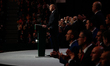 Opposition leader and former president Rumen Radev is seen speaking at a closing campaign...