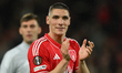 Nikola Milenkovic of Nottingham Forest celebrates victory during the UEFA Europa League Qu...
