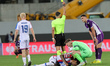 Referee Jesús Gil Manzano shows Yellow to Roberto Piccoli of ACF Fiorentina during the UEF...