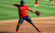 Aroon Escobar of the Reading Fightin Phils warms up before a Minor League Baseball game at...