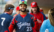 Raylin Heredia of the Reading Fightin Phils celebrates during a Minor League Baseball game...