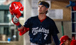 Kehden Hettiger of the Reading Fightin Phils reacts during a Minor League Baseball game at...